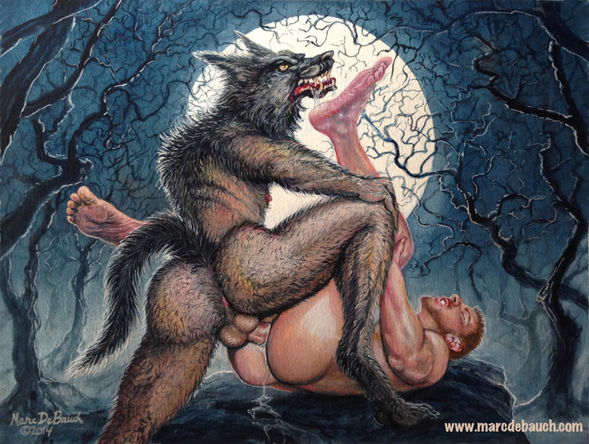 2014 2boys anal anal_penetration anal_sex anthro anthro_penetrating anthro_penetrating_human balls beard biped canid canine canis cum_in_ass duo erect_nipples erection eyes_closed facial_hair forest full_moon gay hi_res human human_on_anthro human_penetrated humanoid_penis interspecies legs_held_open legs_up male male/male male_only male_penetrated male_penetrating male_penetrating_male mammal marc_debauch night nude painting_(artwork) penis sex traditional_media_(artwork) watercolor_(artwork) were werecanid werecanine werewolf wolf woods yaoi