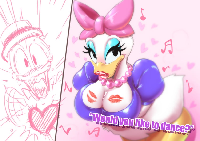 1boy 1girls anthro anthro_only big_breasts bimbo black_and_white black_eyes blush busty cleavage curvy daisy_duck disney donald_duck duck english_text eyelashes eyeshadow female front_view furry hat humanoid large_breasts lipstick lipstick_mark lipstick_on_beak lipstick_on_bill lipstick_on_breast looking_at_viewer makeup necklace pearl_necklace pose posing purple_shirt red_lipstick ribbon rough_sketch shadow shiny shiny_skin simple_background sketch soft_feathers steam sweat swimsuit text voluptuous zxcv