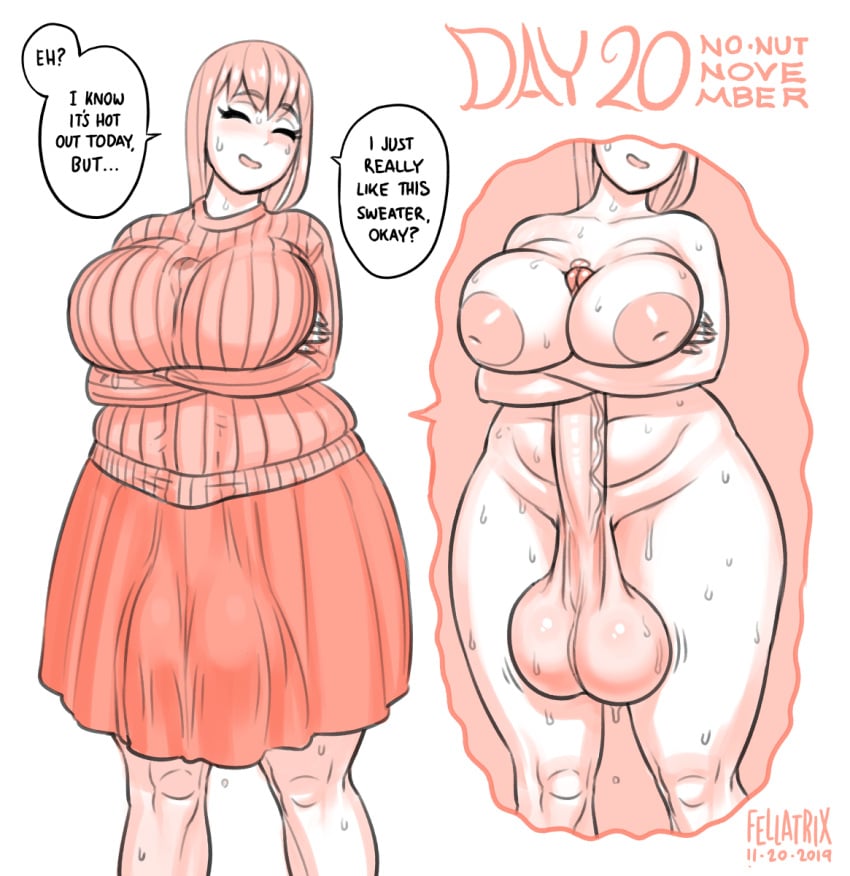 10s 1futa 2019 areolae autopaizuri autopaizuri_under_clothes ball_bulge balls bottomless_skirt breasts chubby completely_nude dated erection erection_under_clothes erection_under_skirt fellatrix full-package_futanari futa_only futanari huge_breasts huge_cock hyper hyper_balls hyper_penis intersex inverted_nipples large_areolae monochrome naughty_face no_nut_november no_panties nude paizuri penis penis_bulge penis_under_clothes penis_under_skirt precum puffy_areolae sarah_(fellatrix) seductive seductive_smile skirt smile solo solo_futa speech_bubble sweat tenting text thick_thighs