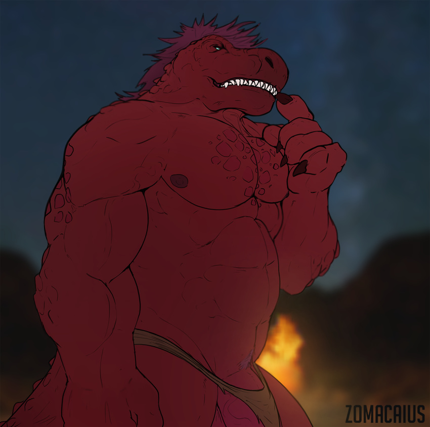 2019 anthro claws clothing dinosaur flaccid hair hi_res loincloth male male_only muscular muscular_male nipples outside penis reptile scales scalie solo standing teeth theropod tyrannosaurid tyrannosaurus tyrannosaurus_rex zoma zomacaius