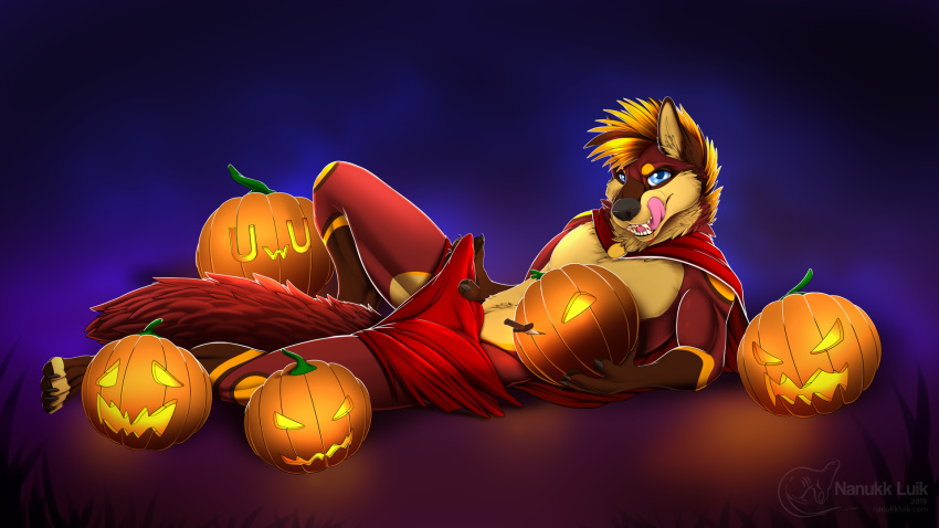 16:9 2019 anthro blood bodily_fluids bulge canid canine canis claws clothed clothing digital_media_(artwork) food fruit hair halloween hi_res holidays jack-o'-lantern licking looking_at_viewer male male_only mammal muscular nanukkluik open_mouth panchi paws pinup plant pose pumpkin smile solo tongue tongue_out wolf