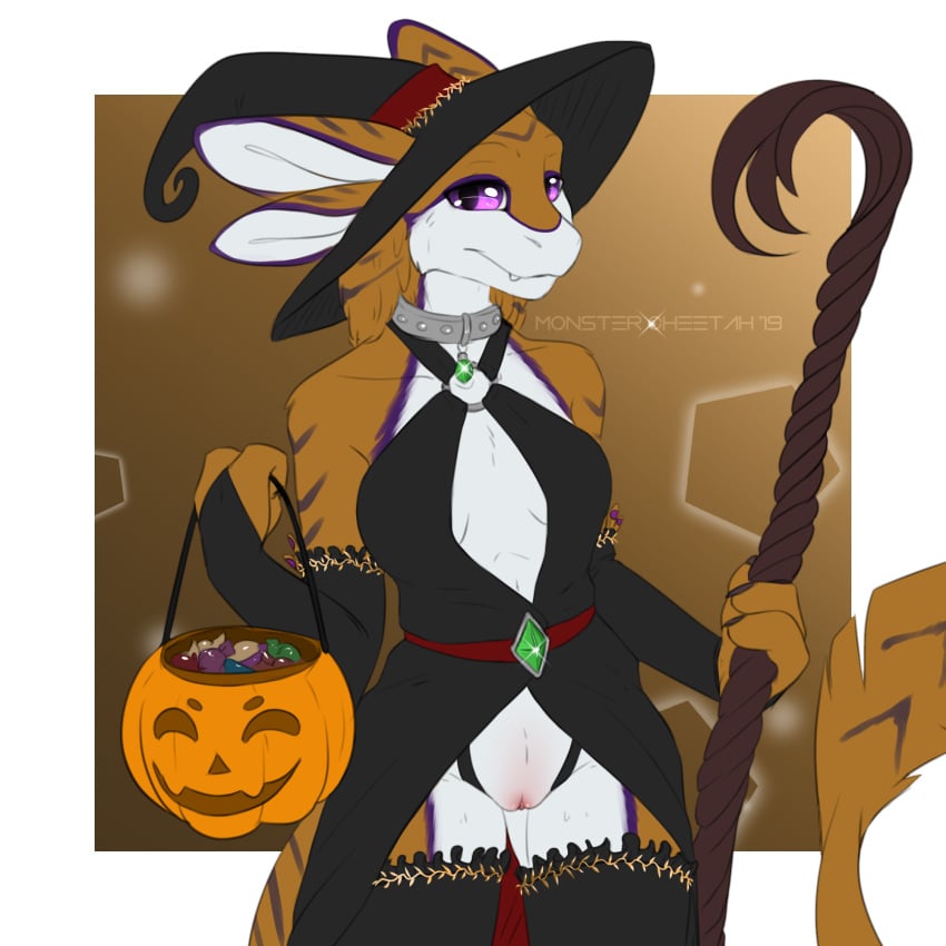 1:1 2019 3_fingers anthro aurellia_darkwater avali breasts candy clothing collar digital_media_(artwork) excitedcargoyle female fingers food halloween hat headgear headwear hi_res holidays jack-o'-lantern non-mammal_breasts purple_eyes pussy solo standing