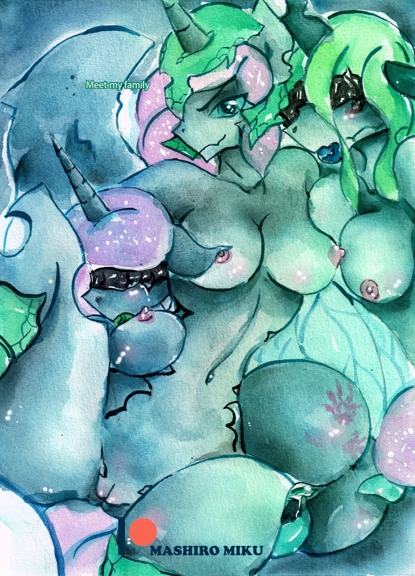 absurd_res anthro anthrofied blindfold breasts dark_persona equid equine female friendship_is_magic group hi_res horn mammal mashiromiku my_little_pony navel nightmare_moon_(mlp) nipples nude painting_(artwork) princess_luna_(mlp) pussy queen_chrysalis_(mlp) traditional_media_(artwork) unicorn watercolor_(artwork)