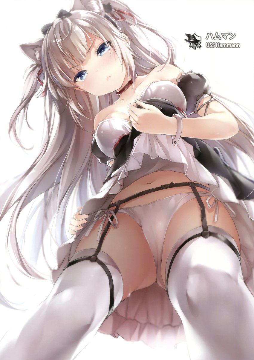 animal_ears azur_lane bare_shoulders blue_eyes breasts chiyingzai female female garter_belt hair_ornament hammann_(azur_lane) high_resolution lingerie maid navel pantsu small_breasts solo thighhighs tied_hair twintails underwear very_high_resolution white_hair white_legwear white_panties white_thighhighs white_underwear