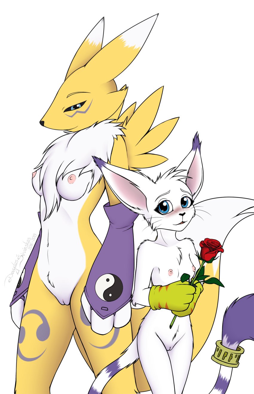 anthro blue_eyes blush breasts canid canine clitoris digimon digimon_(species) digital_media_(artwork) duo felid female fingers flower fur gatomon hi_res mammal mancoin navel nipples nude open_mouth plant pussy renamon rose_(disambiguation) shy signature simple_background small_breasts smile tuft video_games white_body white_fur yellow_body yellow_fur