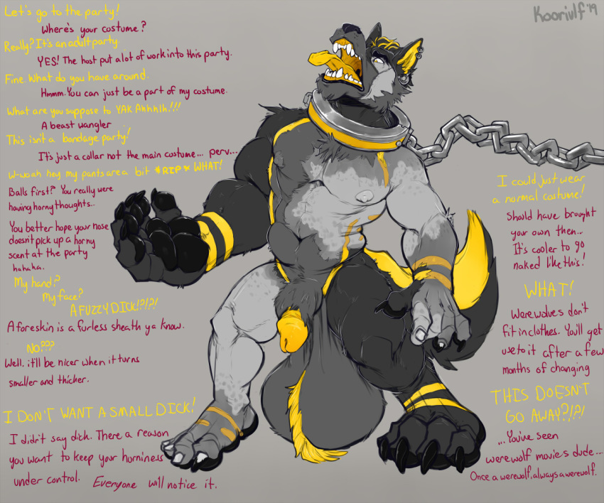 ! ... 2019 4_toes ? animal_genitalia anthro ball_tuft balls big_balls canid canine canis chained claws collar colored_tips digitigrade duo ear_piercing elsifthewolf english_text expansion feet flaccid fluffy fur gaping_mouth gauged_ear growth hair halloween handpaw holidays human human_to_anthro hyper koorivlf leash magic male male_focus male_only mammal metal_collar muscle_growth muscular muscular_male navel nipples nude open_mouth pawpads paws penis piercing plantigrade sagging_balls sheath signature simple_background size_transformation snout solo_focus species_transformation standing story story_in_description surprise teeth text toes tongue transformation tuft uvula were werecanid werecanine werewolf wolf yellow_body yellow_fur yellow_penis