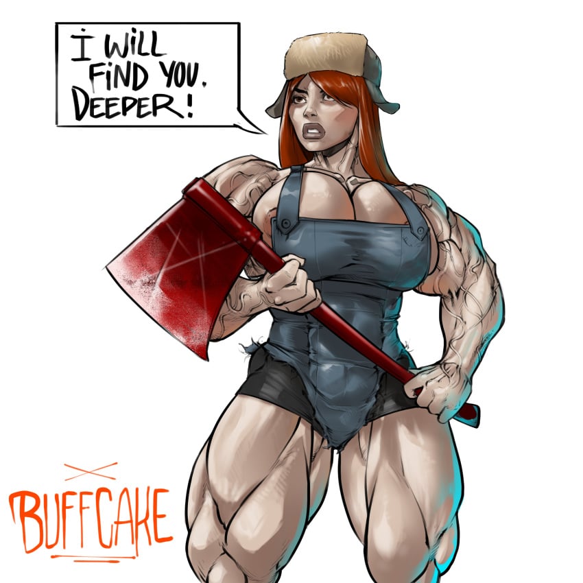 axe bare_shoulders big_lips breasts brown_eyes buffcake busty cleavage extreme_muscles female gravity_falls hat large_breasts long_hair muscles muscular muscular_female orange_hair redhead smooth_skin solo suspenders text thick_thighs veins veiny_muscles wendy_corduroy