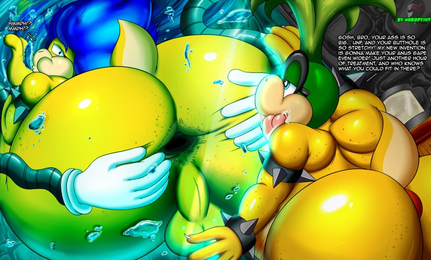 2boys anthro anus ass backsack balls big_butt brother english_text gaping gaping_anus girly half-closed_eyes hand_on_butt hi_res huge_butt iggy_koopa incest koopa koopaling looking_at_another looking_back ludwig_von_koopa machine male male/male male_only mario_(series) multiple_boys nintendo nobody147 scalie sibling spread_anus spreading tail testicles text tongue tongue_out video_games water wide_hips