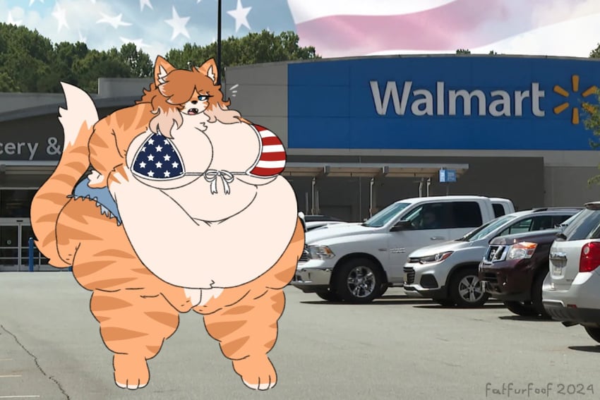 american_flag_bikini bbw belly belly_button big_belly big_breasts breasts cat cleavage fat feline female flag_bikini flag_print furry huge_breasts jean_shorts katie_(bradythewwefan) mexifurfoof obese obese_female orange_fur orange_tabby overweight parking_lot tagme thick_thighs walmart wide_hips