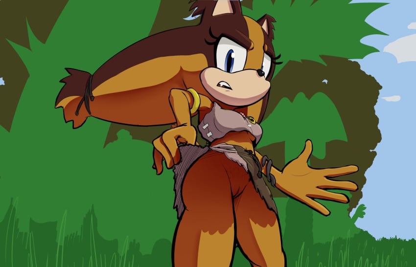 anthro badger blue_eyes breasts clothed clothing female genitals hi_res mammal mustelid musteline orange_body pussy sega solo sonic_(series) sonic_boom sonic_the_hedgehog_(series) spikeybluething sticks_the_jungle_badger under_boob upskirt