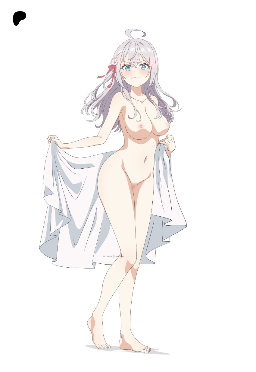 accurate_art_style ahoge alisa_mikhailovna_kujou armpits ass_visible_through_thighs bare_arms bare_belly bare_legs bare_shoulders bare_thighs barefoot belly_button big_breasts blue_eyes blush breasts censored censored_pussy closed_mouth collarbone completely_nude embarrassed feet hair_ribbon kevcrexx long_hair nipples nude russian standing thighs toes tokidoki_bosotto_russian_de_dereru_tonari_no_alya-san white_hair