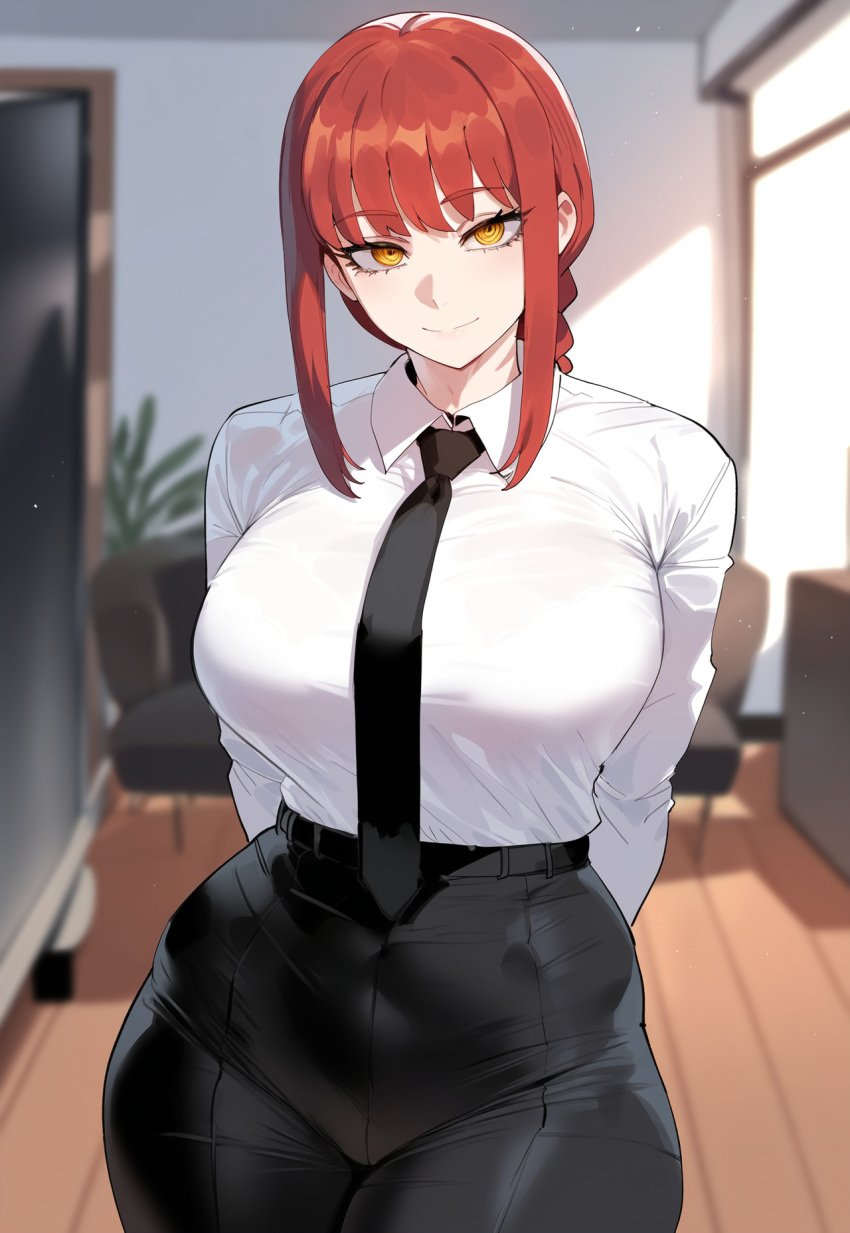 ai_generated black_pants braid chainsaw_man creamy_ai curvy large_breasts long_hair makima_(chainsaw_man) narrow_waist necktie red_hair thick_thighs white_shirt wide_hips yellow_eyes