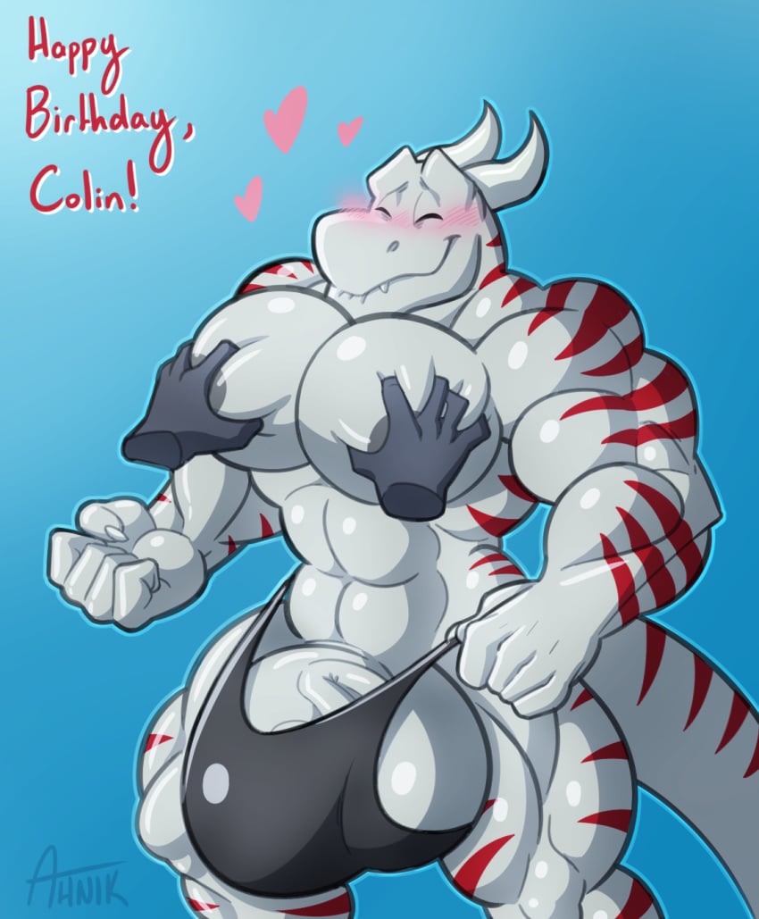 2019 5_fingers abs ahnik big_muscles birthday bite biting_lip blue_background blush chest_grab claws closed_eyes clothing colin_steel conditional_dnp disembodied_hand dragon english_text fingers fist g-string grey_nipples grope happy happy_birthday heart hi_res horn huge_muscles hyper looking_pleasured male male_only multicolored_body multicolored_scales muscular nipples pecs portrait quads red_body red_scales red_stripes reptile scales scalie signature simple_background solo stripes text three-quarter_portrait triceps two_tone_body two_tone_scales underwear white_body white_claws white_scales