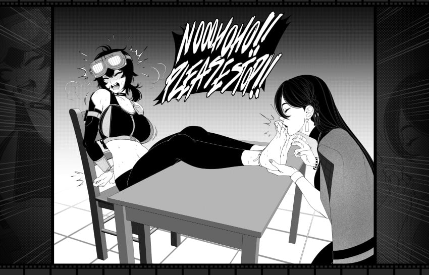 2girls barefoot big_breasts black_and_white black_hair blush bound bound_ankles bound_wrists chair foot_fetish foot_lick goggles_on_forehead grace_howard hi_res interrogation kidetic kusujinn laughing licking_feet midriff monochrome navel source squirming sweat table tears text tickle_torture tickling tickling_feet toes twitch_lines zenless_zone_zero