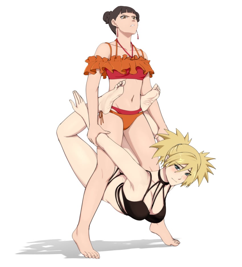 2girls absurd_res absurdres alternate_breast_size arched_back barefoot bent_over bikini bikini_bottom bikini_top blonde_hair blush booty boruto:_naruto_next_generations breast_size_difference breasts brown_bikini brown_bikini_bottom brown_bikini_top brown_eyes brown_hair brown_swimsuit brown_thong catfight cleavage degato duo duo_focus ear_piercing earrings feet female female_focus female_only foot_fetish foot_focus g-string hi_res high_resolution highres jewelry lifting light-skinned_female light_skin mature mature_female milf milf_on_milf milfs naruto naruto:_the_last naruto_(series) naruto_shippuden orange_bikini orange_bikini_top orange_swimsuit pale-skinned_female pale_skin panties pink_bikini_bottom pink_panties shounen_jump shueisha soles spiky_hair stand_and_carry_position standing stretching swimsuit temari tenten thong tied_hair tiptoes toes twintails very_high_resolution weekly_shonen_jump wrestling wrinkled_feet wrinkled_soles yellow_hair