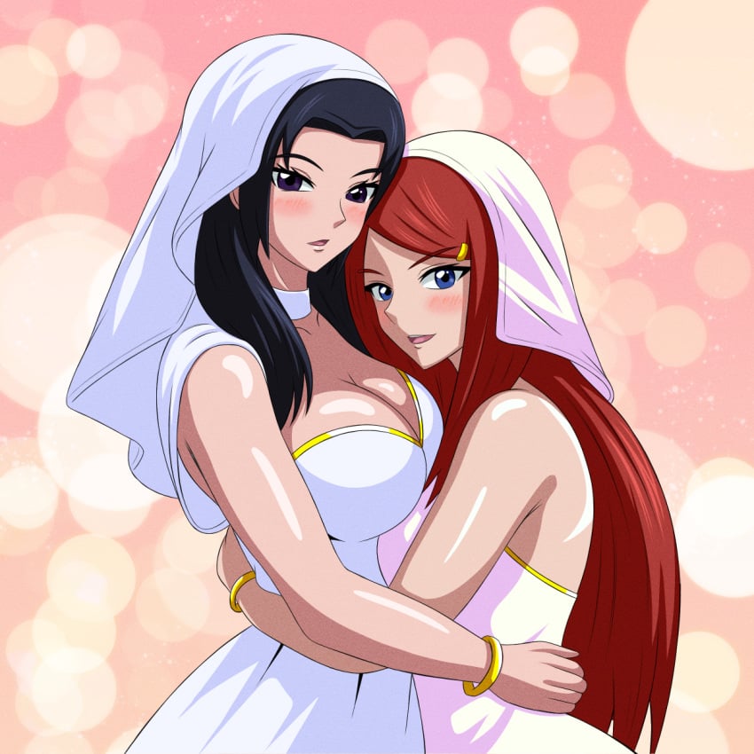 2girls bare_arms bare_shoulders big_breasts black_eyes blue_eyes blue_hair blush bracelets bride busty cleavage clothed clothing cuddle cuddling duo duo_focus embrace embracing_another embracing_each_other female female/female female_focus female_only fully_clothed hairclip height_difference hi_res high_resolution highres jewelry kushina_uzumaki large_breasts light-skinned_female light_skin looking_at_viewer mature mature_female milf naruto naruto_(series) naruto_shippuden open_mouth pale-skinned_female pale_skin red_hair shounen_jump shueisha uchiha_mikoto uzumaki_kushina very_high_resolution wedding_attire wedding_dress wedding_veil weekly_shonen_jump yeezusdraw yuri