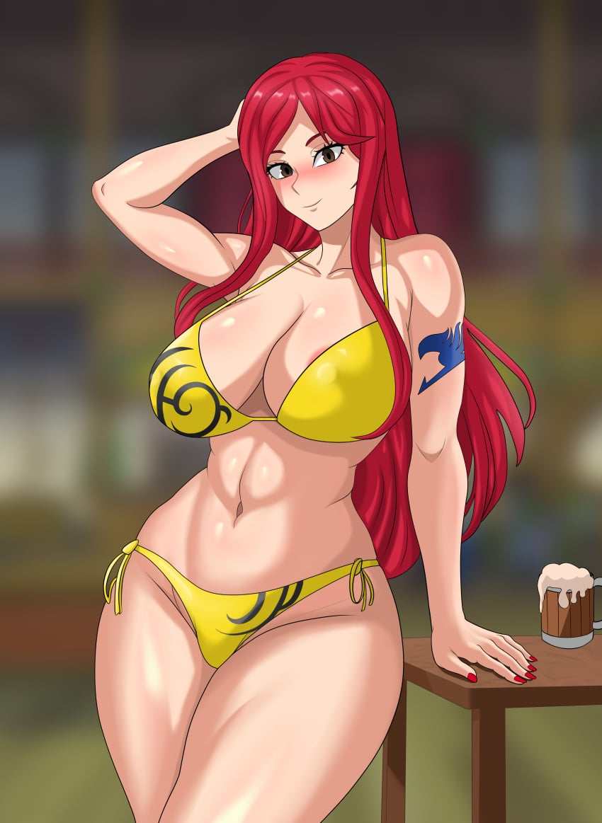 1girls abs against_table areolae arm_tattoo big_breasts bikini bikini_bottom bikini_top blush brown_eyes busty charliejax child_bearing_hips cleavage curvaceous curves curvy curvy_body curvy_female curvy_figure curvy_hips erect_nipples erect_nipples_under_clothes erza_scarlet fairy_tail female female_focus female_only hi_res high_resolution highres hips hourglass_figure inner_sideboob large_areolae large_breasts light-skinned_female light_skin long_hair nail_polish nipple_bulge nose_blush painted_nails pale-skinned_female pale_skin panties pinup red_hair red_nail_polish red_nails smile smiling smiling_at_viewer solo solo_female solo_focus standing swimsuit tattoo thick_thighs thighs toned toned_female very_high_resolution wide_hips yellow_bikini yellow_bikini_bottom yellow_bikini_top yellow_panties yellow_swimsuit