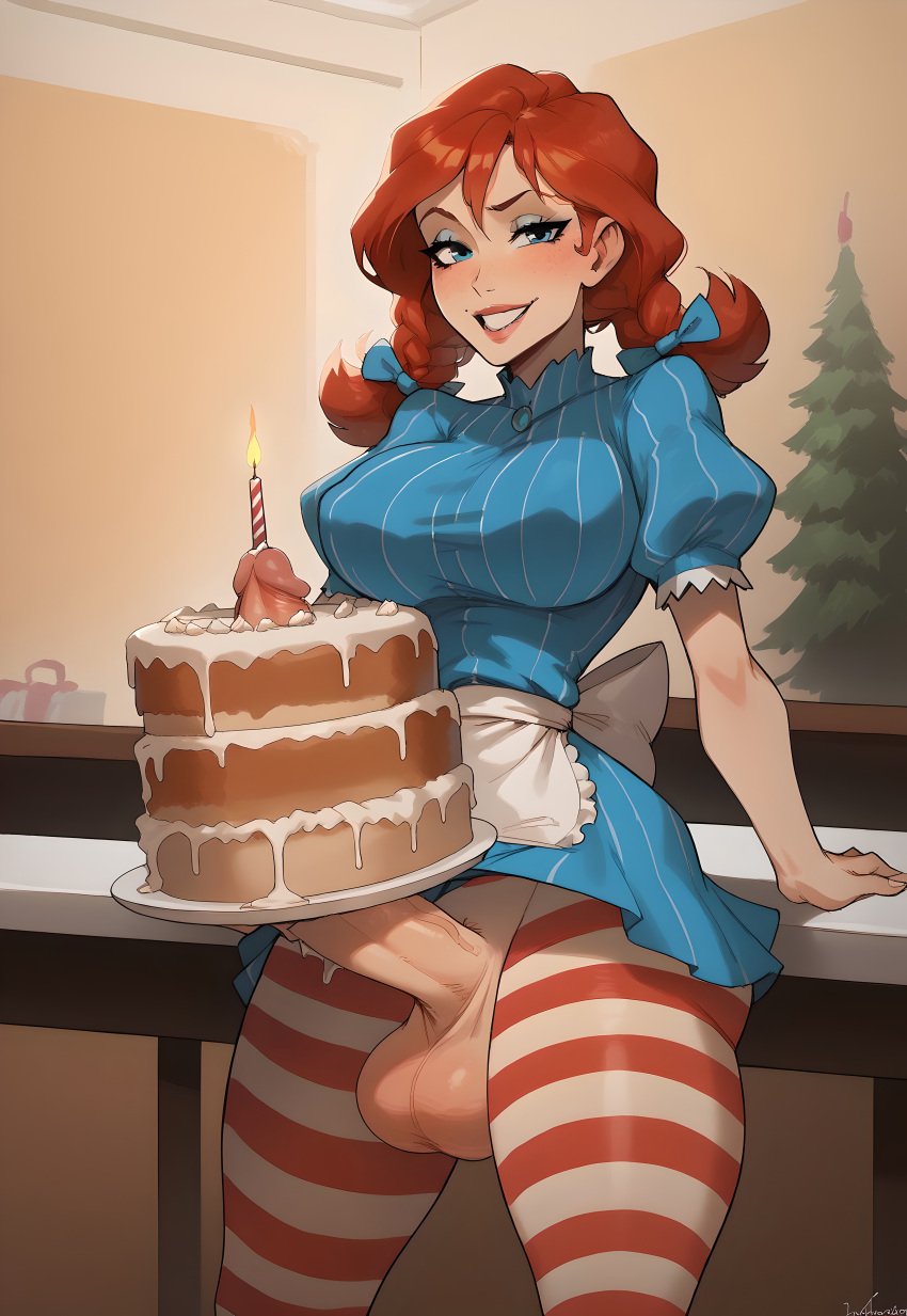 1futa absurd_res ai_generated big_breasts birthday_cake braided_hair braids cake candle erect_penis erection food_penetration futa_only futa_sans_pussy futa_urethral_insertion futanari highres huge_breasts huge_cock large_penis lit_candle looking_back red_hair self_upload smile smirk standing striped_clothing striped_legwear supermanson two_braids urethral_insertion wendy's