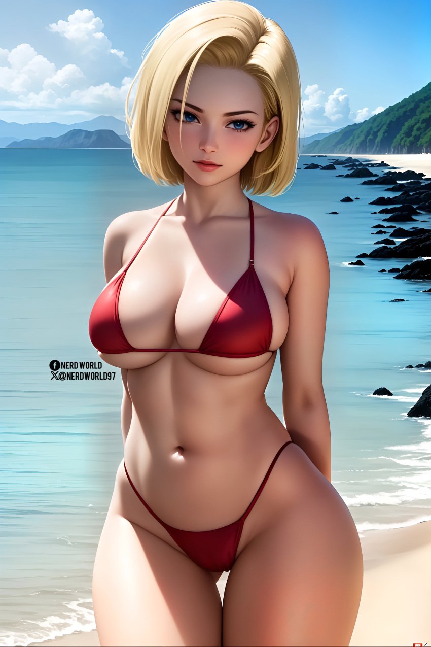 1girls ai_generated android_18 beach big_breasts bikini blonde_hair blue_eyes dragon_ball dragon_ball_z nerdworld97 red_bikini thick_thighs