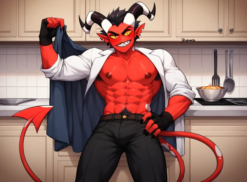 ai_generated bulge bulge_through_clothing gay gaylover16 helluva_boss kitchen male male_only oc original_character suit