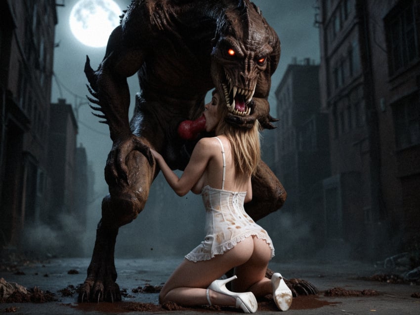 1boy 1girls ai_generated blonde_hair blowjob female feral_on_female feral_on_human interspecies lizardman noone3d oral oral_sex petite slim zoophilia