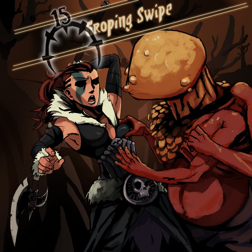 1boy 1girls 2015 big_breasts brests chubby clothed clothed_female_nude_male corruption darkest_dungeon female fungal_scratcher fungus gameplay_mechanics glaive grabbing_breasts hellion_(darkest_dungeon) hi_res male male/female mushroom mushroom_humanoid polyle questionable_consent rape stressed weapon