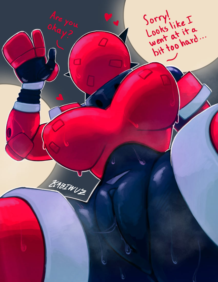 boxing_gloves breasts kabiwuz large_breasts looking_down pussy pussy_juice red_body robot robot_girl sparbot sparring_dummy steam steaming_body sweat sweatdrop