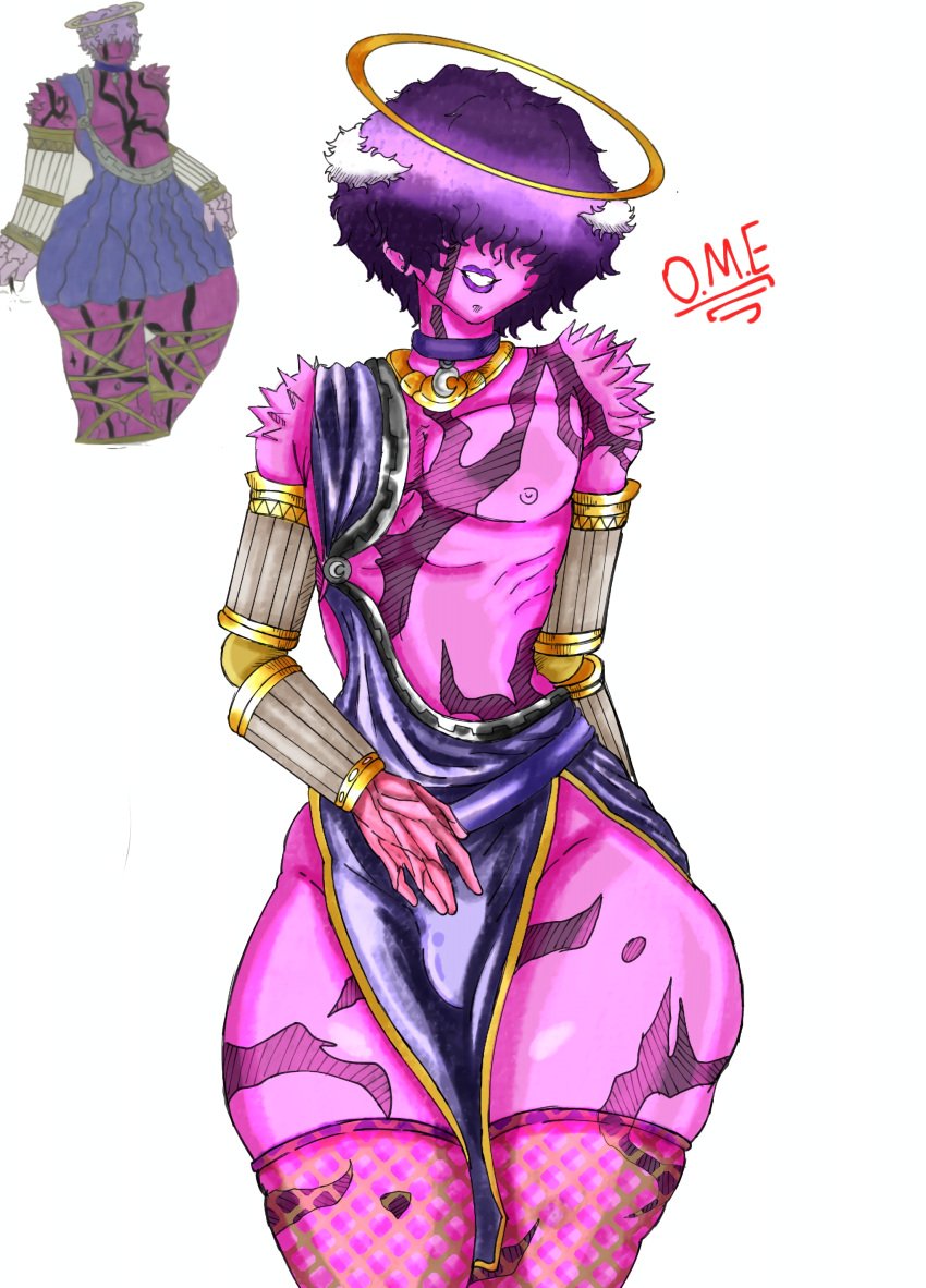 1boy femboy fishnet greek_clothes hair_over_eyes pink_skin purple_hair solo thick_thighs wide_hips