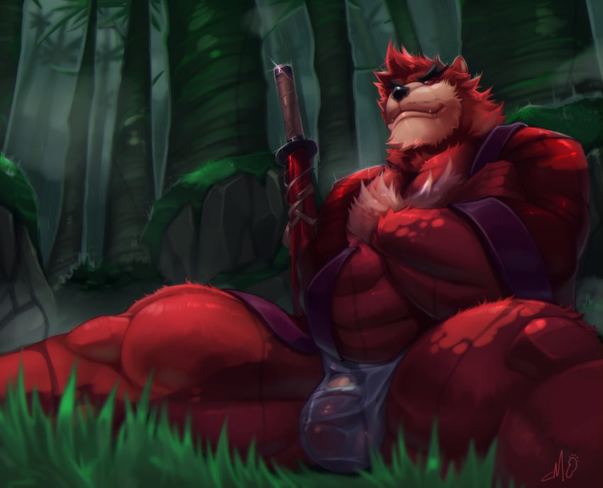 anthro balls bara barazoku bear bulge crossed_arms cursedmarked flaccid furry kumatetsu male male_only muscles muscular penis sitting solo solo_male the_boy_and_the_beast ursid