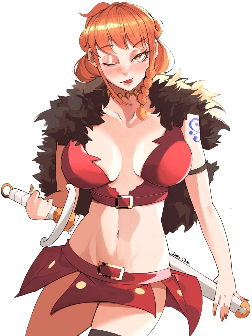 bangs belt blush braid breasts cleavage clothing earrings female female_only fur_trim holding holding_object holding_sword holding_weapon jewelry jobin_chan large_breasts legwear long_hair looking_at_viewer midriff nami_(one_piece) navel one_eye_closed one_piece open_mouth orange_eyes orange_hair red_skirt skirt smile solo sword tattoo thighhighs thighs tied_hair tongue tongue_out weapon wink