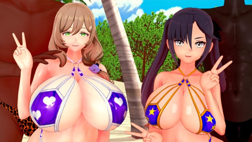 2boys 2girls beach big_breasts bikini breasts busty codeyumi dark-skinned_male female genshin_impact huge_breasts koikatsu large_breasts lisa_(genshin_impact) male mature_female milf mona_(genshin_impact) peace_sign swimsuit twintails upper_body v_sign voluptuous