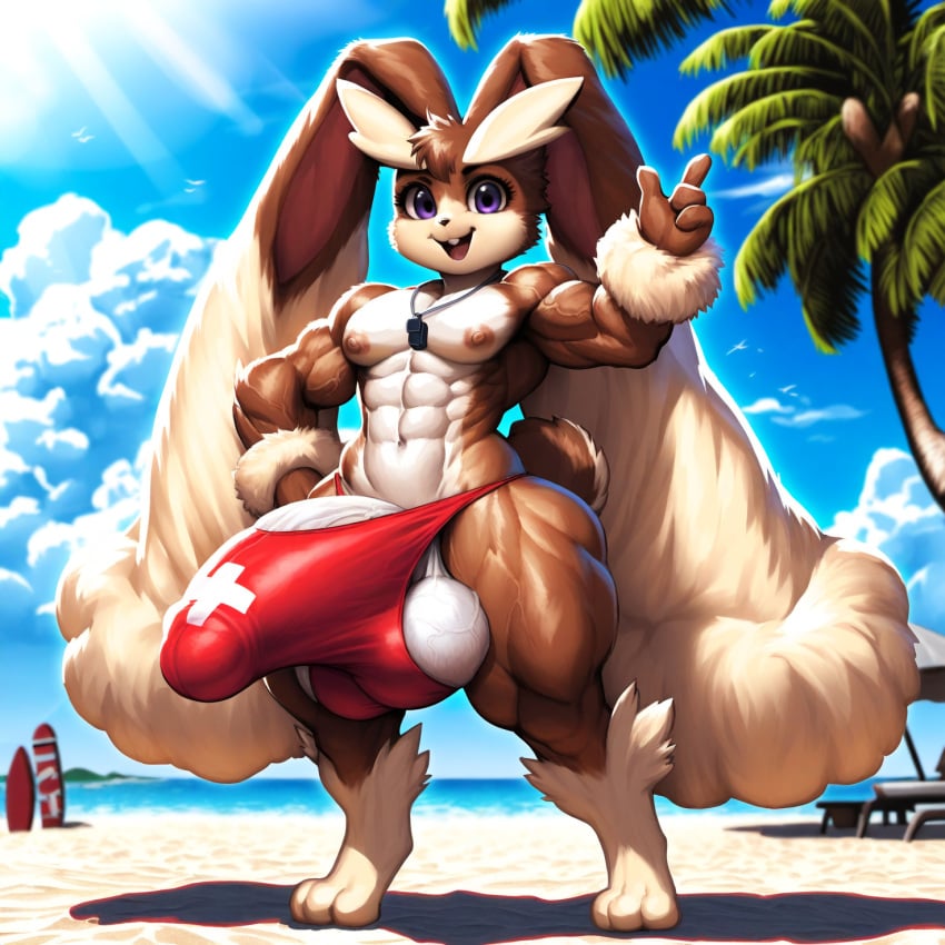 1boy 1male 3_toes 4_fingers abs ai_generated anthro anthro_only balls ballsack beach bodybuilder bulge casual casual_boner cock cub cute dick erection_under_clothes greeting hard_nipples huge_ears hyper hyper_balls hyper_bulge hyper_penis lifeguard looking_at_viewer lopunny male male_nipples male_only manly muscular muscular_anthro muscular_arms muscular_ass muscular_legs muscular_male muscular_thighs nai_diffusion nipples outdoors pecs penis pokemon pokemon_(species) public purple_eyes small_but_hung solo solo_focus solo_male speedo_only standing tenting testicles thick_thighs tight_fit veiny_penis veiny_testicles whistle wide_hips young