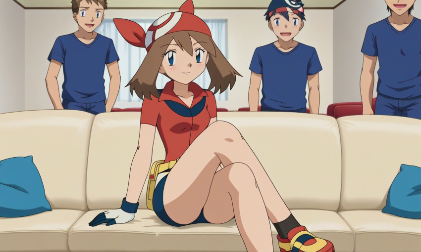 1girls 3boys ai_generated blue_eyes brown_hair facing_viewer hikikomori indoors looking may_(pokemon) piper_perri_surrounded pokemon sitting tagme