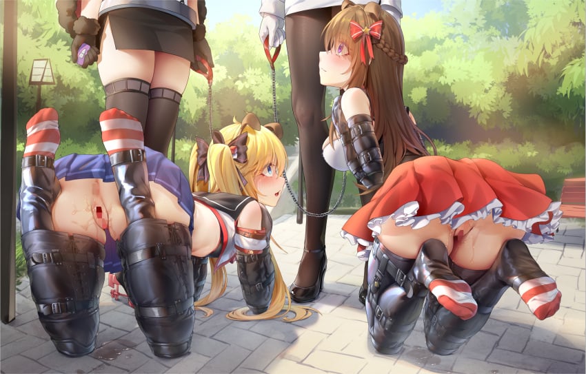 4girls all_fours andrea_doria_(warship_girls_r) animal_ears bitchsuit black_bow blonde_hair blue_eyes blue_skirt bow brown_hair character_request controller dog_ears fake_animal_ears hairbow half_up_braid highres holding holding_leash human_dog leash long_hair multiple_girls outdoors pet_play pleated_skirt purple_eyes pussy pussy_juice ray_(pixiv9514208) red_skirt remote_control school_uniform serafuku skirt socks striped_clothes striped_socks twintails warship_girls_r