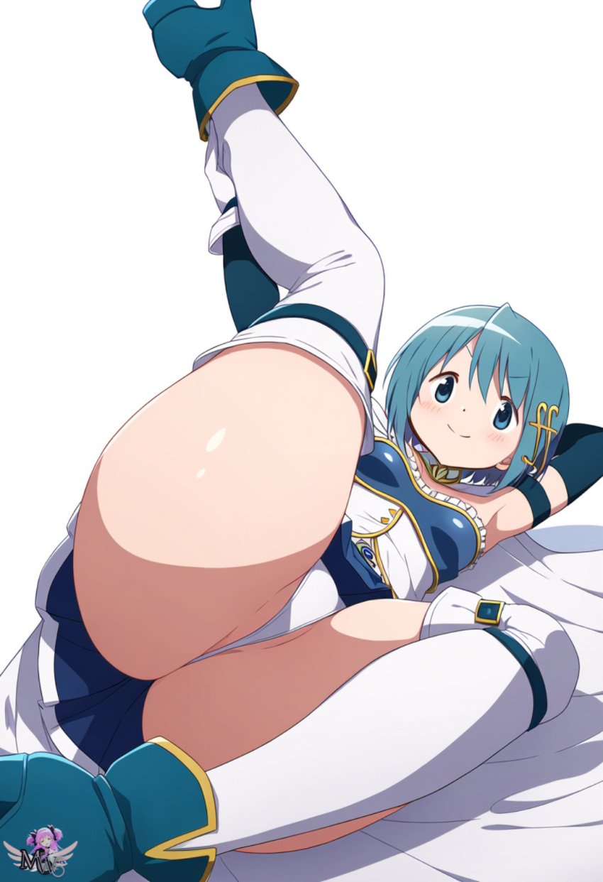 ai_generated artist_logo ass blue_eyes blue_hair cute hi_res laying_down laying_on_bed laying_on_side legs_up madoka_worship magical_girl mahou_shoujo_madoka_magica miki_sayaka puella_magi_madoka_magica short_hair simple_background smile splits tagme thick_thighs thong