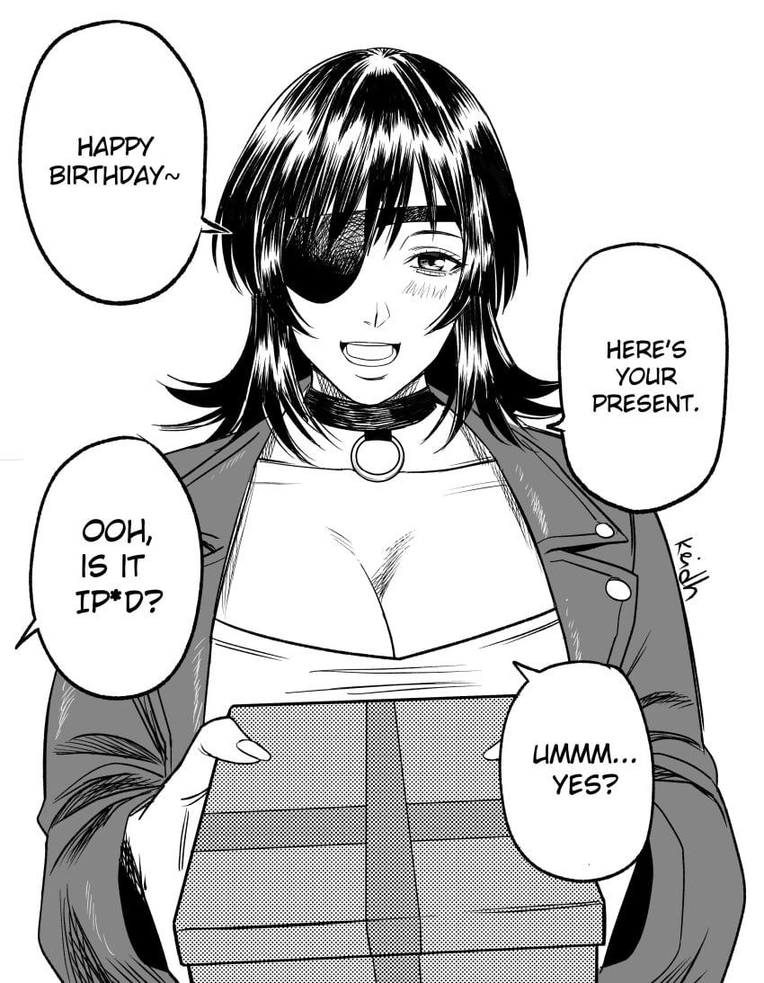 1girls big_breasts birthday birthday_present chainsaw_man cleavage english_text female female_only giving_present happy_birthday himeno_(chainsaw_man) ipad keidh monochrome pov present smile smiling solo text wholesome