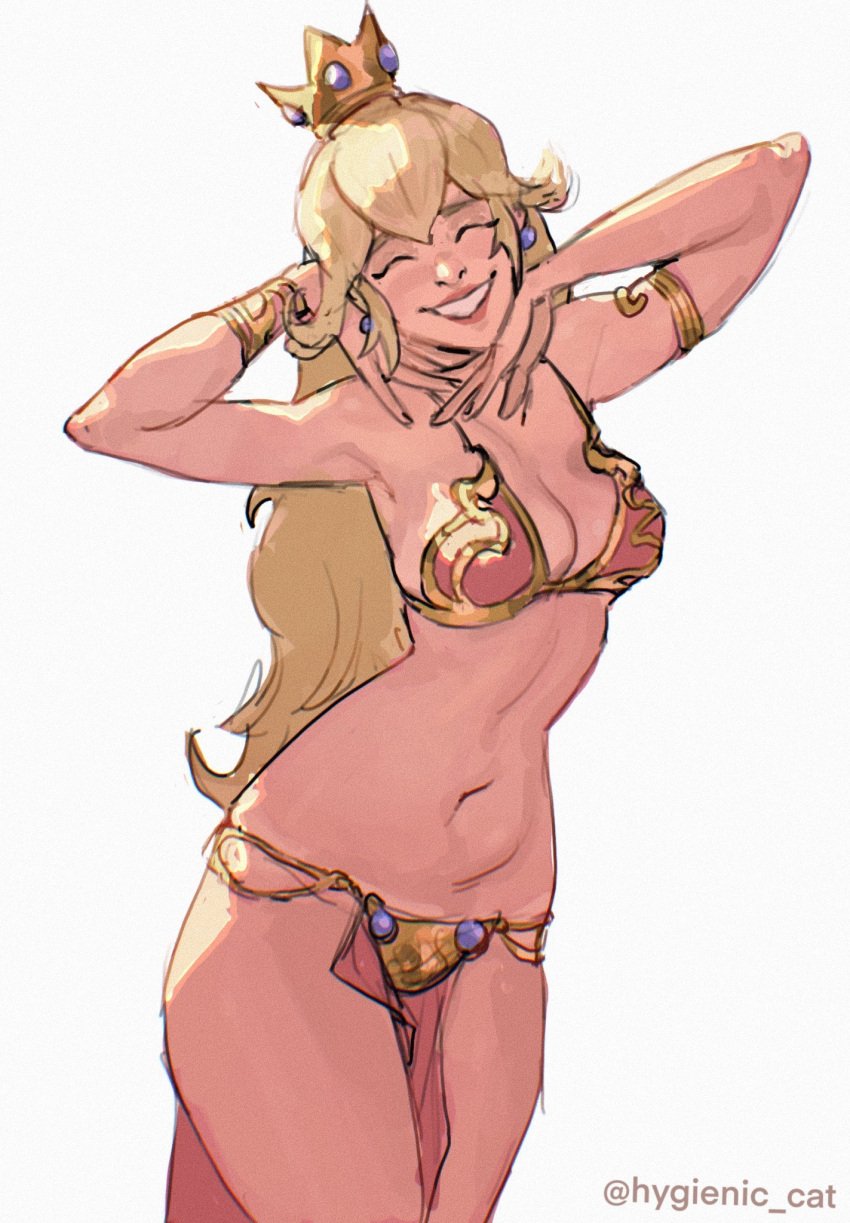 belly_dancer belly_dancer_outfit blonde_hair closed_eyes closed_eyes crossover_cosplay crown harem_girl harem_outfit hygienic_cat long_hair mario_(series) nintendo princess_peach royalty slave slave_bikini slave_leia_(cosplay) slave_outfit slavegirl star_wars super_mario_bros. super_smash_bros. thick_thighs