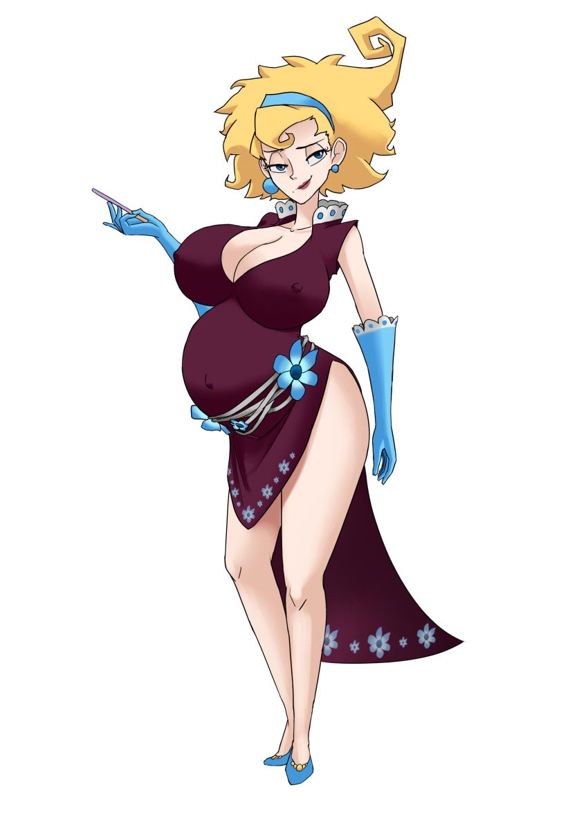 1girls almeram02 big_breasts blonde_hair blue_eyes captain_rainbow cleavage crazy_tracy erect_nipples_under_clothes gloves link's_awakening outie_navel pocky pregnant ready_to_pop smile solo the_legend_of_zelda