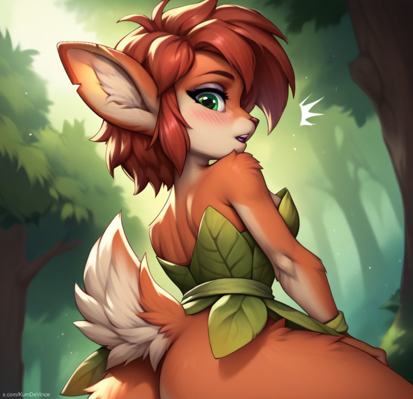 ai_generated anthro brown_fur butt_crack elora female female_only forest from_behind fur furry goat kumdevince looking_at_viewer outside pointy_ears solo spyro_the_dragon surprised_expression tail