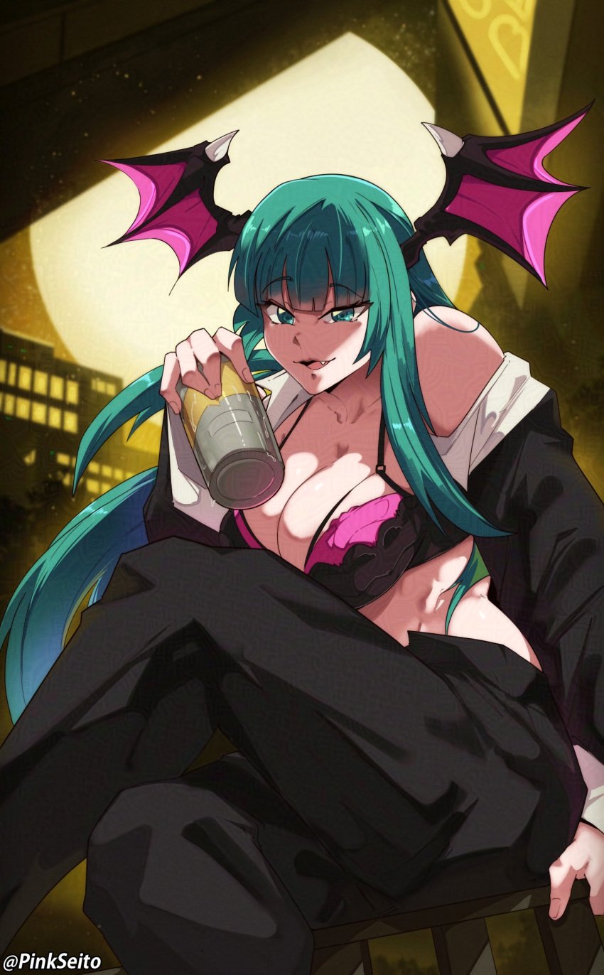 1girls alternate_costume big_breasts bra breasts darkstalkers female female_only green_eyes green_hair head_wings large_breasts long_hair morrigan_aensland pinkseito succubus