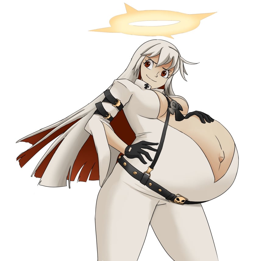 1girls almeram02 cleavage guilty_gear guilty_gear_xrd halo hand_on_stomach hyper_belly jack-o'_valentine outie_navel pregnant ready_to_pop red_eyes smile solo white_hair