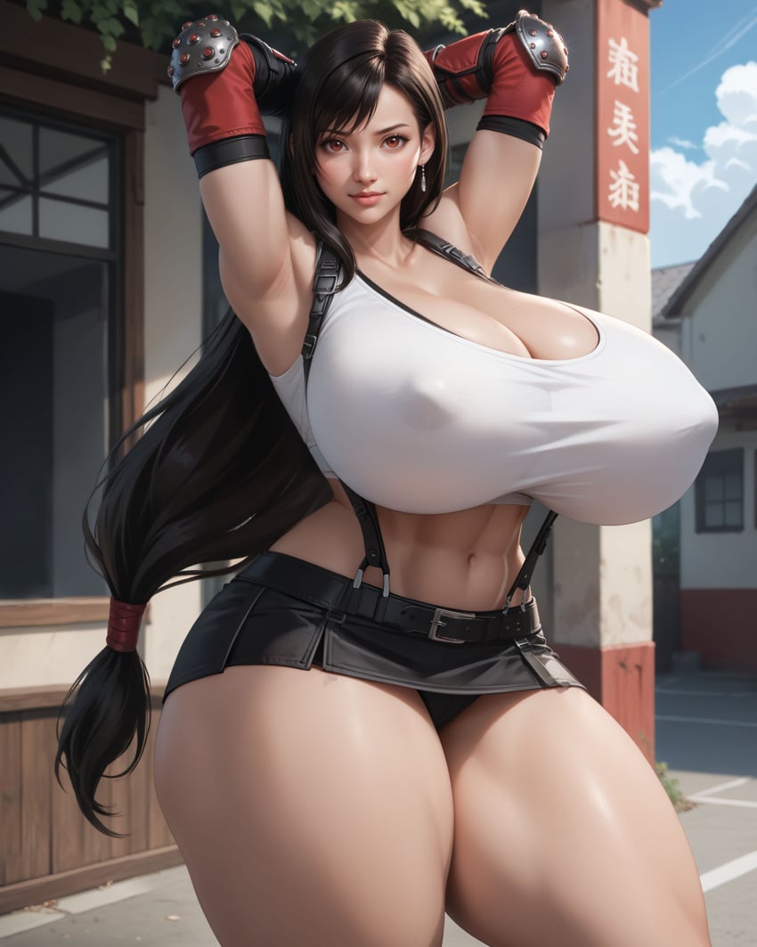 1girls abs ai_generated big_breasts black_hair c18aiart curvaceous curvy_female earrings elbow_pads female female_focus final_fantasy final_fantasy_vii hands_behind_head large_breasts light-skinned_female light_skin long_hair miniskirt nipples_visible_through_clothing red_eyes short_skirt square_enix tank_top thick thick_thighs tifa_lockhart voluptuous voluptuous_female wide_hips