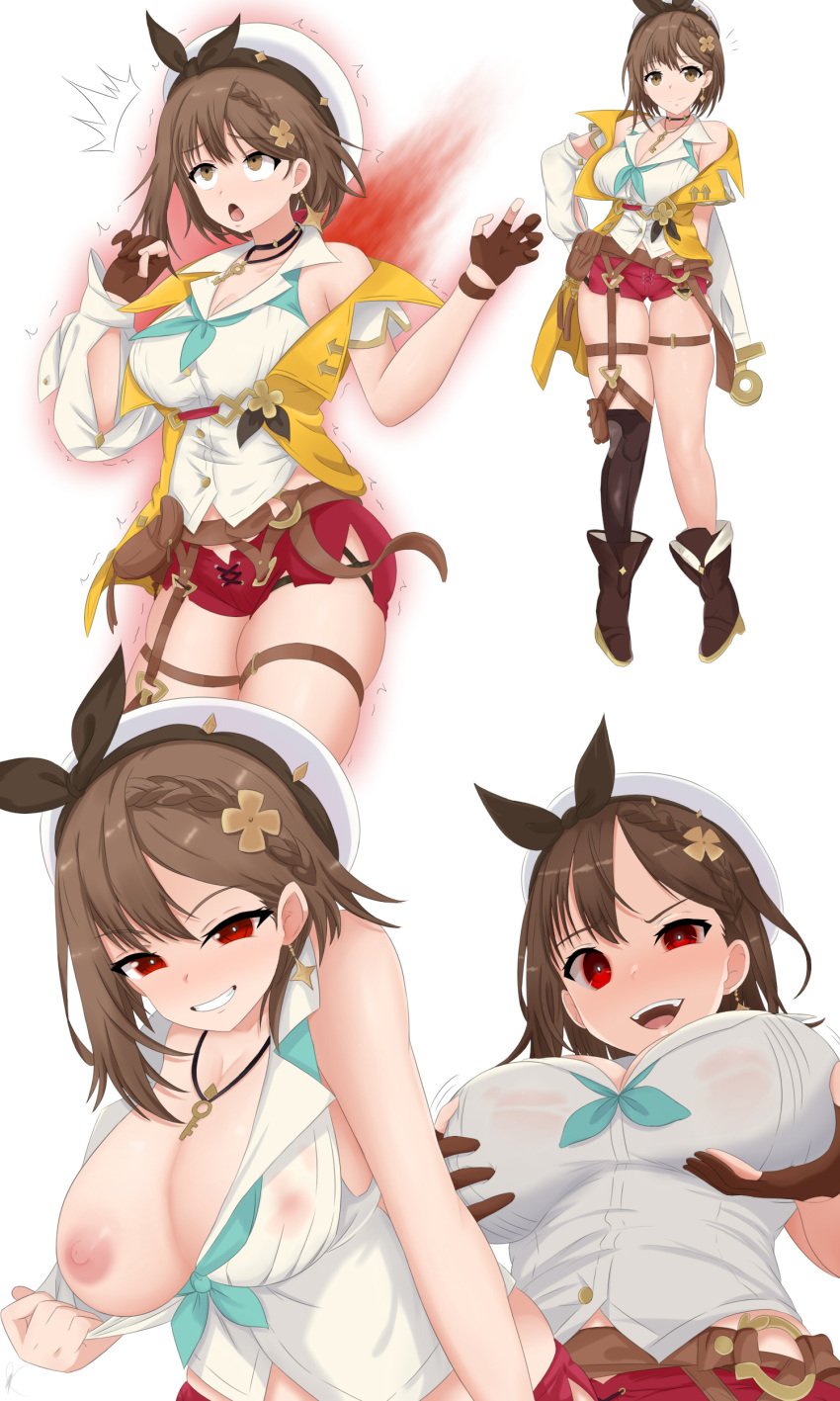 1girls atelier_(series) atelier_ryza baker78027430 blush breast_grab breasts brown_eyes brown_hair clothing female ghost grabbing_own_breast grin grinning_at_viewer legs_together looking_at_viewer nipples open_mouth possession red_eyes reisalin_stout seductive_eyes seductive_look seductive_smile shirt short_hair short_shorts smile smiling_at_viewer white_shirt wide_eyed wide_hips