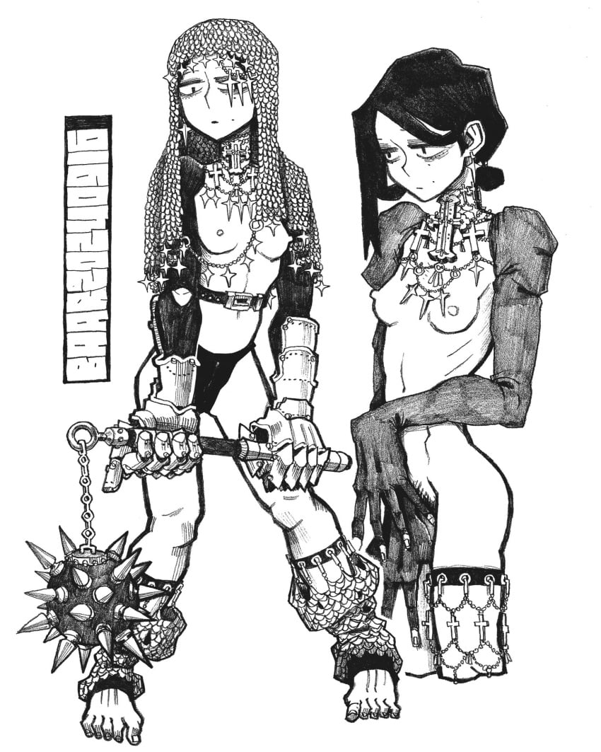 2024 2girls bangtanghan black_hair breasts chainmail_coif female monochrome nipples panties pubic_hair thin_female topless topless_female weapon