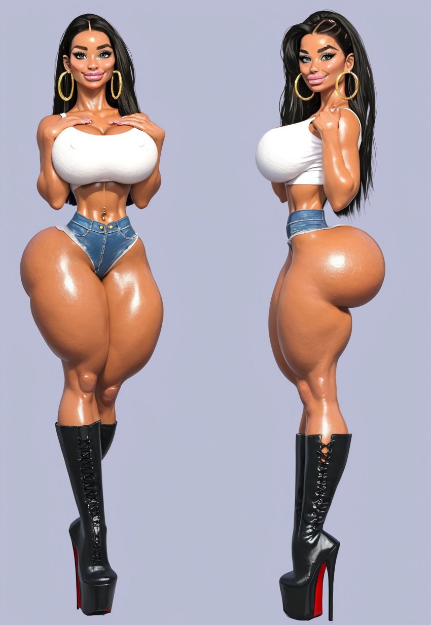 ai ai_generated bimbo bimbo_body bimbo_lips black_hair booty_shorts brown_skin crop_top fatima_bashar high_heels muslim muslim_female oc original_character pinup platform_heels tank_top white_top