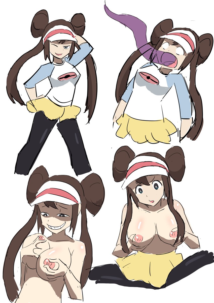 1girls black_legwear blue_eyes breast_grab breasts brown_hair clothing double_bun female game_freak grabbing_own_breast long_hair nananaa777 nintendo nipples open_mouth oral_invasion pokemon pokemon_bw2 possession rosa_(pokemon) shirt skirt smile spirit spread_legs topless twintails visor wide_eyed yellow_skirt