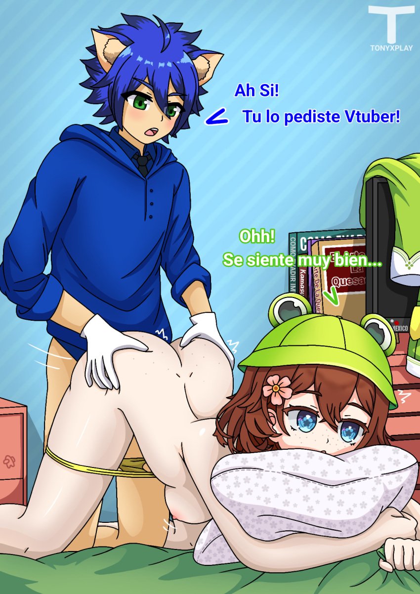 1boy 1boy1girl 1girls before_sex blue_eyes blue_hair brown_hair clothes_removed comic comic_page dick doggy_style erect_penis erection female flower frog frog_girl frog_hair_ornament green_eyes male male/female no_bra on_bed panties_down parra_(vtuber) pillow pillow_grab repost sirivt smile smiling spanish_dialogue spanish_text tony_x_play tonyxplay vaginal_penetration vaginal_sex virtual_youtuber vtuber yellow_panties younger_female younger_male