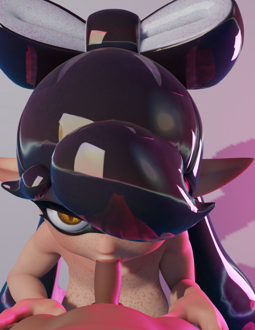 black_hair blowjob callie_(splatoon) dark-skinned_male dark_skin freckles_on_breasts freckles_on_face inkling interracial light-skinned_female light_skin nintendo pogchampion019 self_upload splatoon