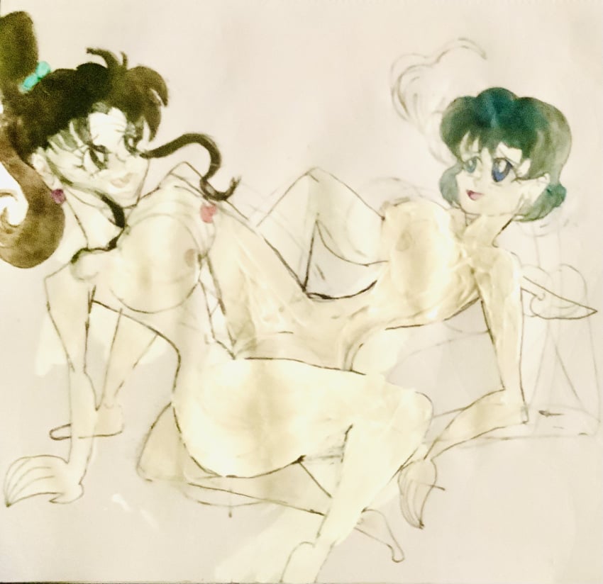 2d 2d_(artwork) 2girls ami_mizuno big_breasts bishoujo_senshi_sailor_moon breasts female female_only huge_breasts large_breasts lesbian lesbian_kiss makoto_kino masonmdaythetrex monochrome nipples nude nude_female scissoring sex sketch tribadism yuri