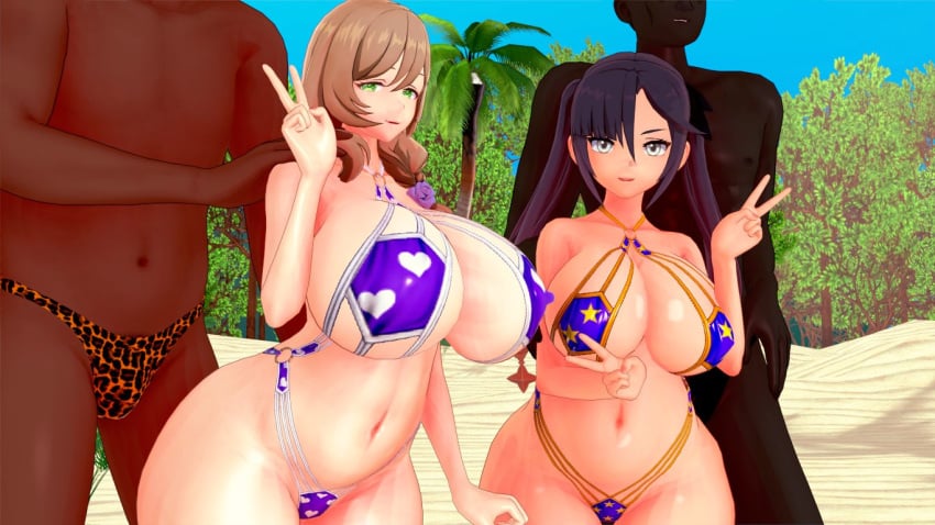 2boys 2girls beach big_breasts big_thighs bikini breasts busty codeyumi dark-skinned_male female genshin_impact huge_breasts huge_thighs koikatsu large_breasts large_thighs lisa_(genshin_impact) male mature_female milf mona_(genshin_impact) navel peace_sign swimsuit thick_thighs thighs twintails v_sign voluptuous